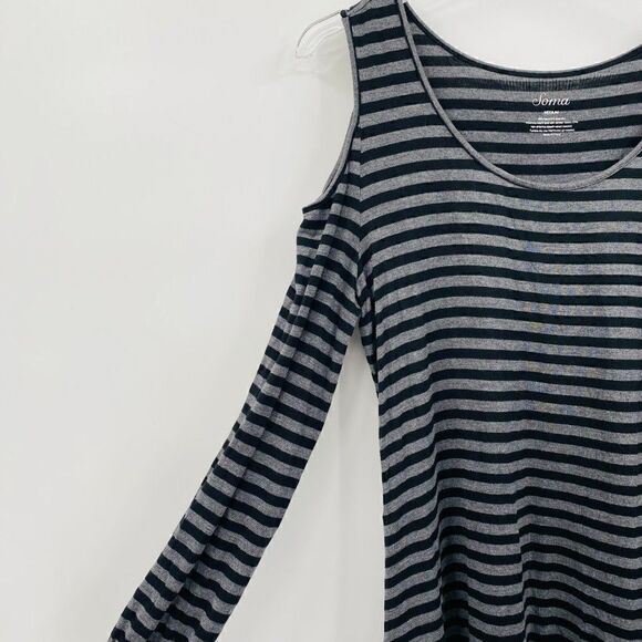 Soma Size Medium Black & Gray Striped Cold Shoulder Jersey Knit Tunic Top - Picture 5 of 8